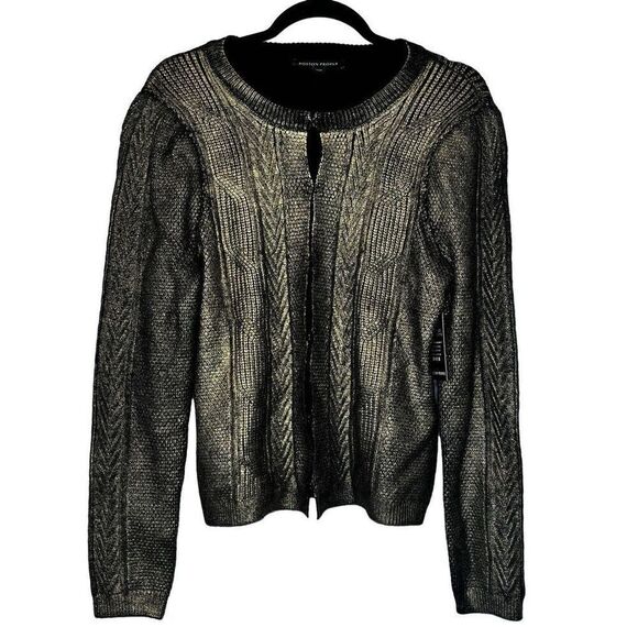 NWT Boston Proper Long Sleeve Metallic Foil Cable Cardigan Black Gold Medium - Picture 1 of 11